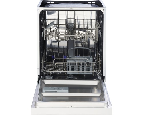 Innenansicht eines Geschirrspülers mit offenen Klappen und Geschirrkörben