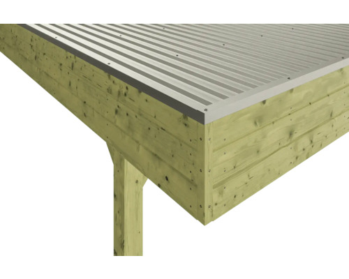 Detailansicht eines Carports mit Holzbalken und Metalldach