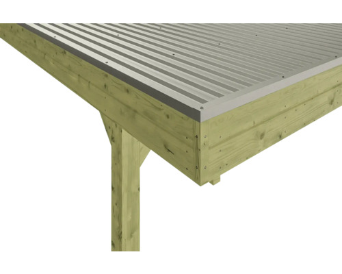 Detailansicht einer Holzkonstruktion mit Metalldach