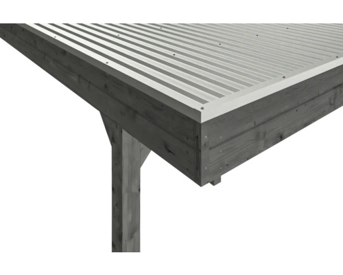 Detailansicht eines Holzpavillons mit Metalldach