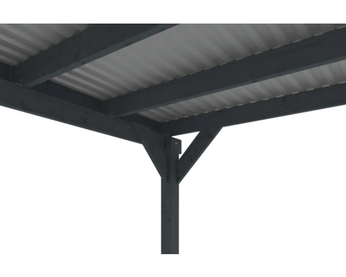 Detailansicht einer Holzkonstruktion mit Metalldach