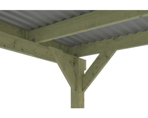 Detailansicht einer Holzkonstruktion mit Metalleindeckung