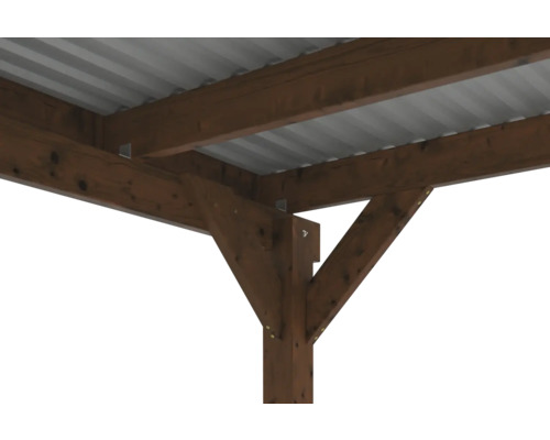 Detailansicht eines Holzpavillons mit Metalldach