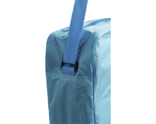 Detailaufnahme einer blauen Tasche mit Schultergurt.