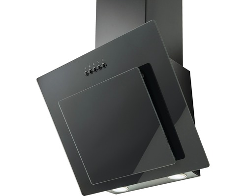 Schwarze Dunstabzugshaube mit Glasschirm und Bedienknöpfen.