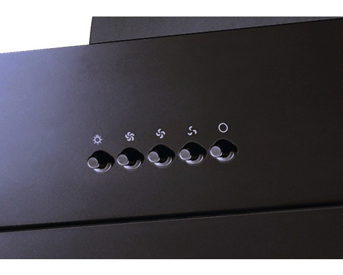 Nahaufnahme der Bedienelemente einer Dunstabzugshaube mit Knöpfen für Licht und Lüfterstufen.