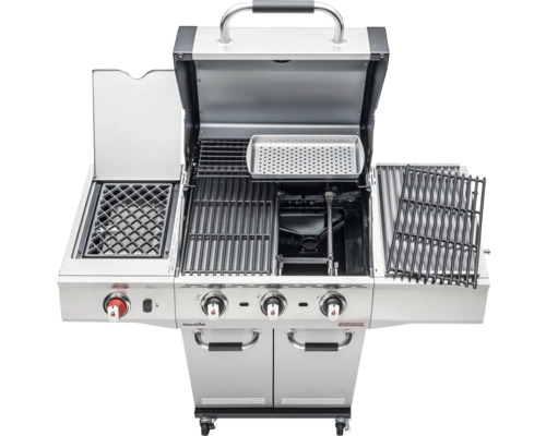 Geöffneter Gasgrill mit Warmhalterost, Seitenbrenner und Unterschrank