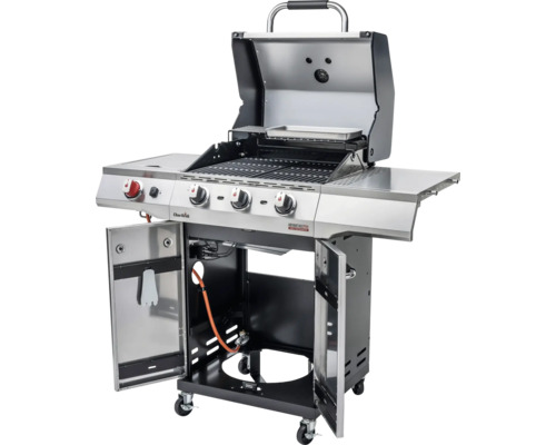 Grillwagen mit geöffnetem Deckel und geöffneten Schranktüren