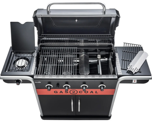 Offener Holzkohle-Gasgrill mit Seitenbrenner