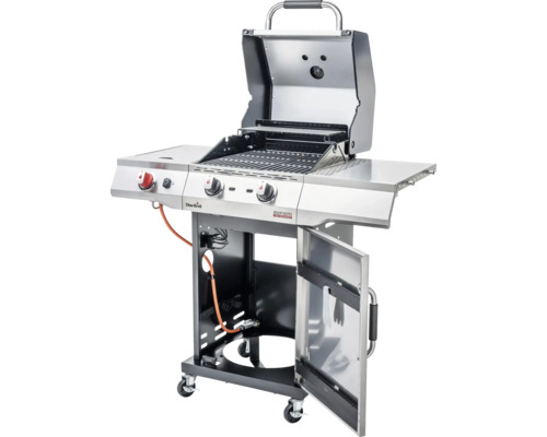 Gasgrill mit geöffnetem Deckel und Unterschrank