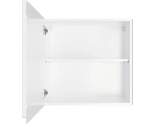 Offener weißer Spiegelschrank mit einem Regalboden