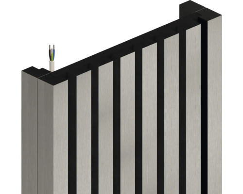 Akustikpaneel mit vertikalen Lamellen und Kabeldurchführung