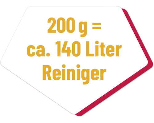 Symbol mit Informationen zur Ergiebigkeit des Reinigers: 200 Gramm ergeben circa 140 Liter Reiniger