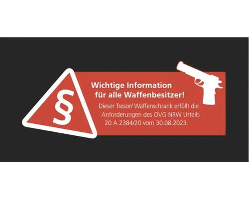 Wichtige Information für Waffenbesitzer: Dieser Tresor oder Waffenschrank erfüllt die Anforderungen des OVG NRW Urteils.
