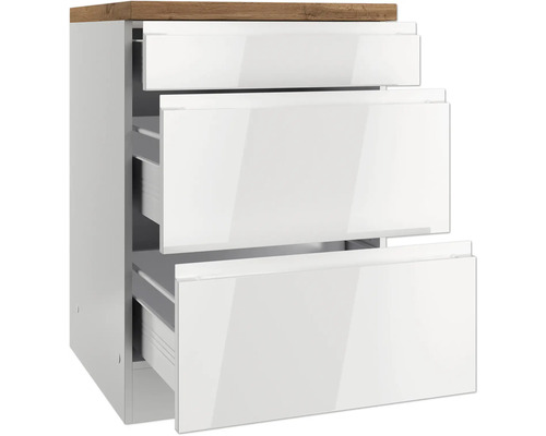 Unterschrank mit drei Schubladen und Holzplatte