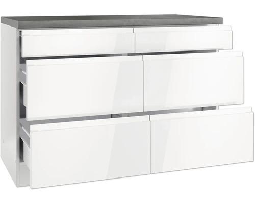 Waschbeckenunterschrank mit sechs Schubladen und einer grauen Platte