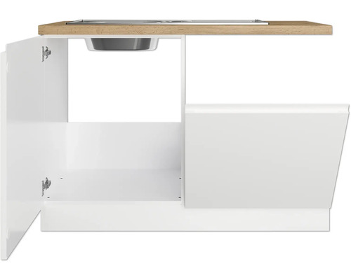 Unterschrank mit Spüle und offener Tür