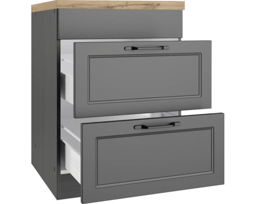 Grauer Unterschrank mit zwei Schubladen und einer hellen Holzplatte
