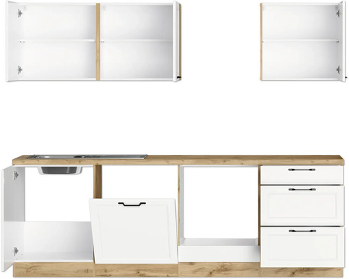 Küchenzeile mit Spüle, Schubladen und offenen Schränken