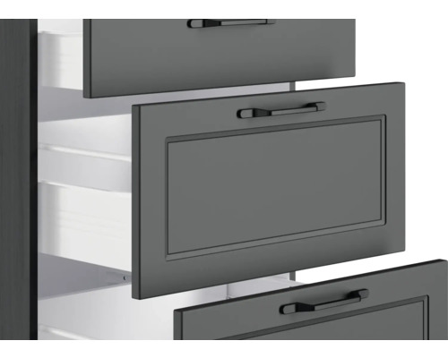 Auszugsschrank mit grauen Schubladenfronten