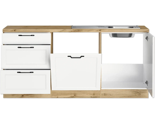 Küchenzeile mit Spüle und Schrankelementen in Holzoptik und Weiß