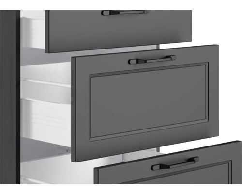 Detailaufnahme eines Badezimmerschranks mit offenen Schubladen