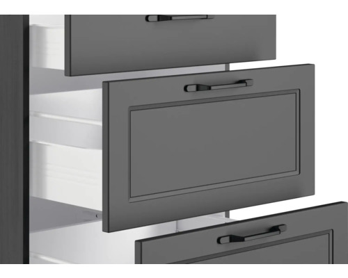 Detailansicht eines Küchenschranks mit mehreren Schubladen und Griffen.