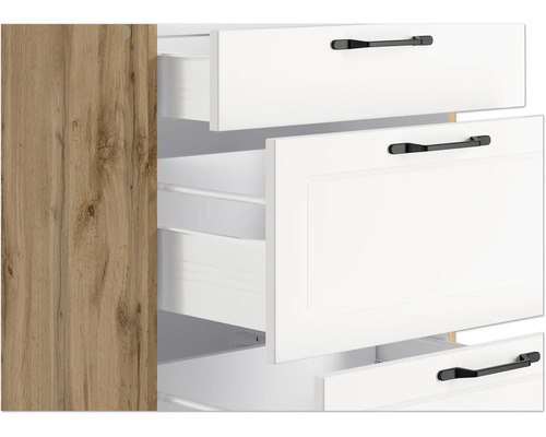 Schrank mit Schubladen in Holzoptik und weissen Fronten