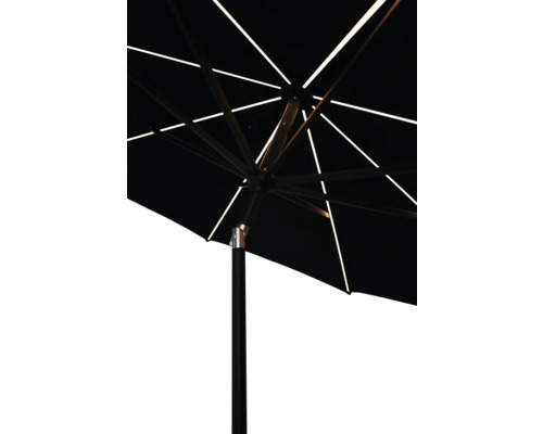 Detailansicht eines schwarzen Sonnenschirms mit Streben und Mast