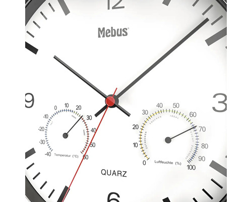 Mebus Logo Quarz Wanduhr mit Thermometer und Hygrometer