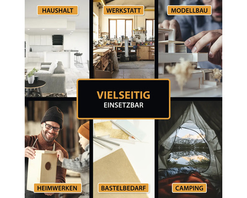 Produkt vielseitig einsetzbar für Haushalt, Werkstatt, Modellbau, Heimwerken, Bastelbedarf und Camping