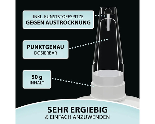 Detailansicht Klebstoff Eigenschaften: Inklusive Kunststoffspitze gegen Austrocknung, punktgenau dosierbar, 50 Gramm Inhalt, sehr ergiebig und einfach anzuwenden.