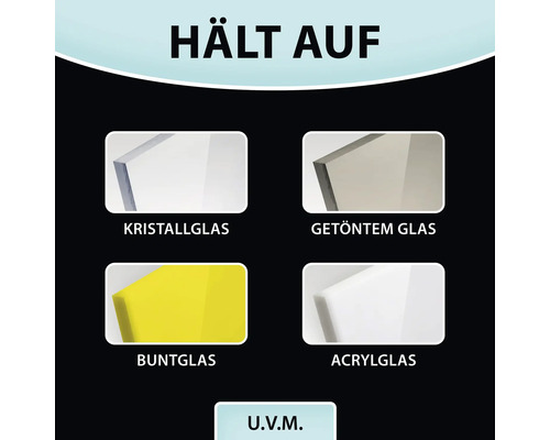 Darstellung verschiedener Glasarten: Kristallglas, getöntes Glas, Buntglas und Acrylglas