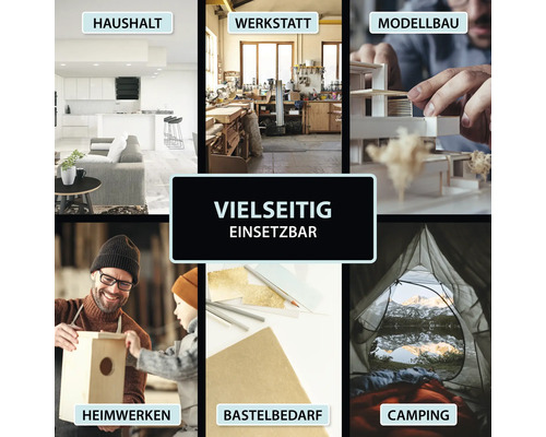 Anwendungsbereiche: Haushalt, Werkstatt, Modellbau, Heimwerken, Bastelbedarf und Camping