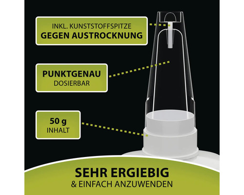 Detailaufnahme eines Produkts mit Kunststoffspitze gegen Austrocknung, punktgenauer Dosierung und 50 Gramm Inhalt.