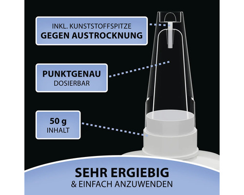Detailaufnahme einer Klebstoffverpackung mit Kunststoffspitze gegen Austrocknung, punktgenauer Dosierung und 50 Gramm Inhalt