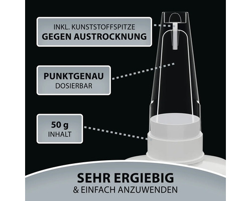 Produktverpackung mit Kunststoffspitze gegen Austrocknung, punktgenauer Dosierung und 50 Gramm Inhalt