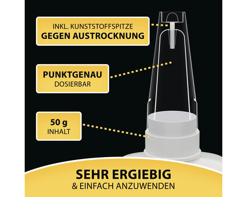 Detailaufnahme einer Flasche Klebstoff mit Kunststoffspitze zum Schutz vor dem Austrocknen, punktgenauer Dosierung und einem Inhalt von 50 Gramm, sehr ergiebig und einfach anzuwenden.