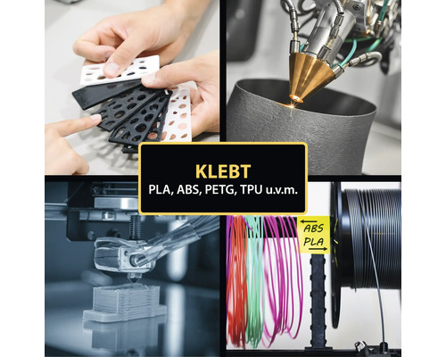 Collage mit 3D-Druckprozess, verschiedenen 3D-Druckmaterialien und Materialien mit dem Hinweis klebt PLA, ABS, PETG, TPU u.v.m.
