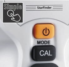 Detailansicht der StarFinder-Steuerung mit An- und Aus-Taste, Modus- und Kalibrierungstaste
