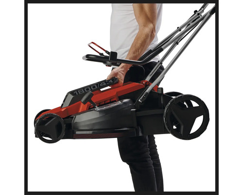 Elektro Rasenmäher mit Fangkorb, vom Bediener gehalten