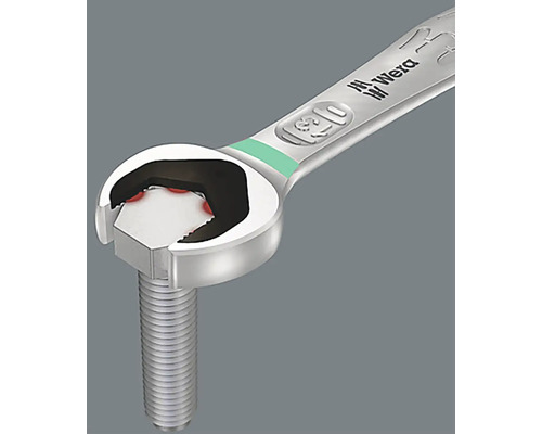 Ein Maulschlüssel greift eine Schraube, Wera Logo