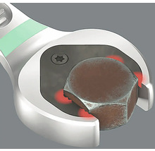 Ein Maulschlüssel greift eine Schraube.