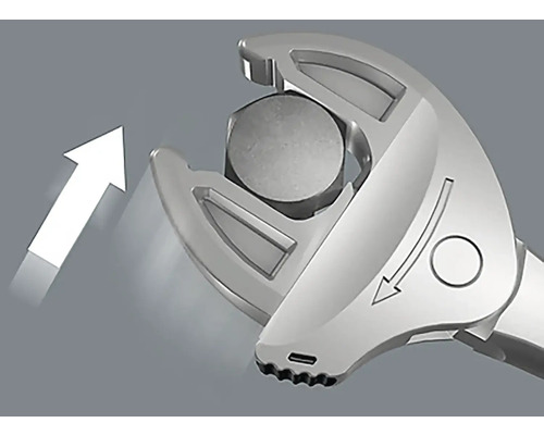 Verstellbarer Schraubenschlüssel im Einsatz mit Pfeilsymbolen zur Drehrichtung