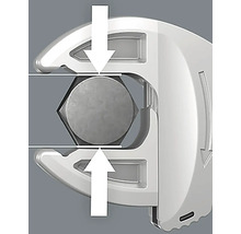 Darstellung eines Schraubenschlüssels, der eine Schraube greift, begleitet von Richtungspfeilen.