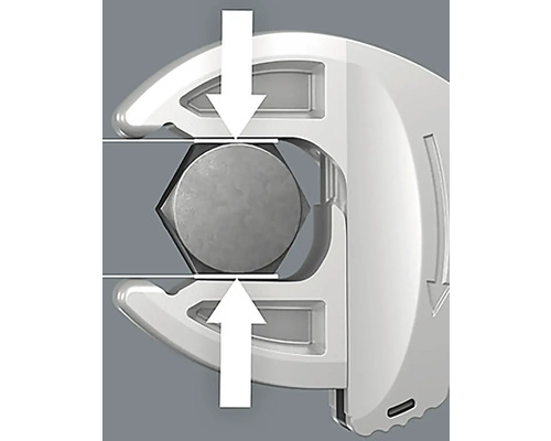 Darstellung eines Schraubenschlüssels, der eine Schraube greift, begleitet von Richtungspfeilen.