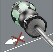 Detailansicht eines Schraubendrehers mit rotem Verbotszeichen für ein Abrollen