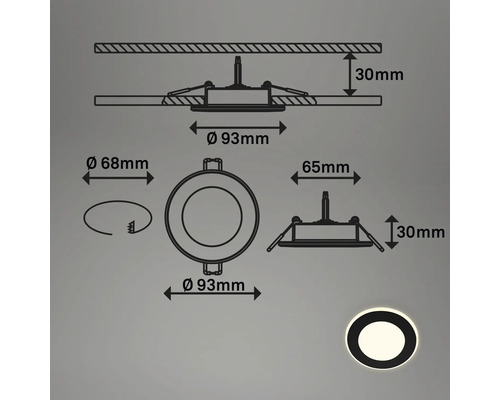 Technische Zeichnung einer runden Einbauleuchte mit Maßangaben