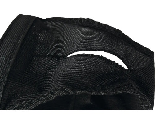 Detailaufnahme eines schwarzen Sportstirnbandes mit Aussparung