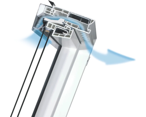 Querschnitt eines Dachfensters mit Belüftungsfunktion